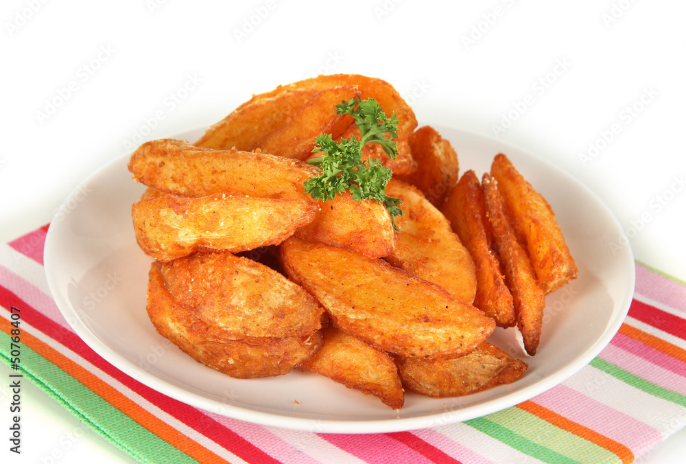 Appetizing village potatoes on plate isolated on white Appetizing village potatoes on plate isolated on white