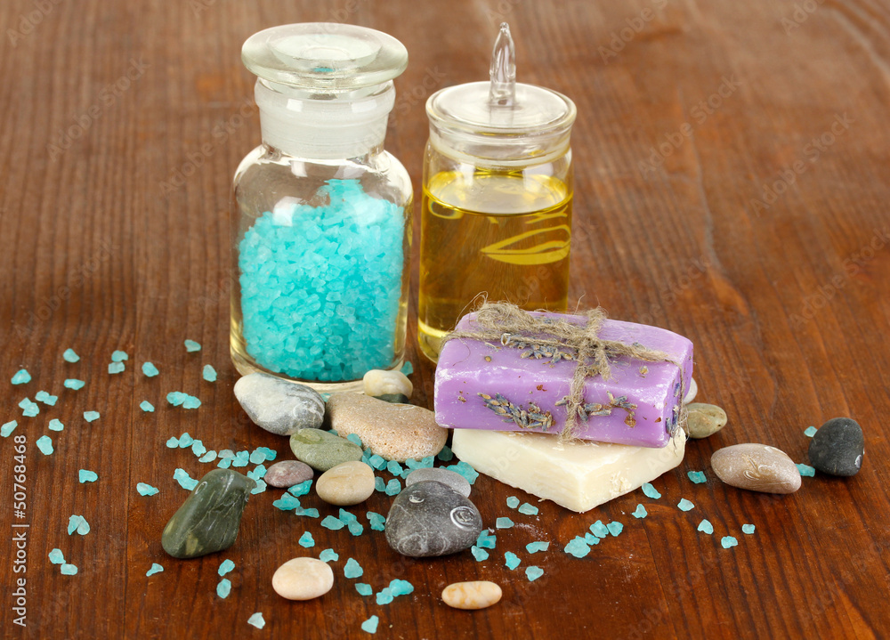 Fototapeta premium Beautiful spa setting on wooden table close-up