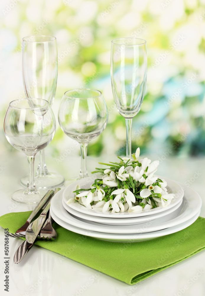 Serving dishes and snowdrops on natural background