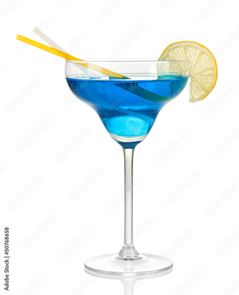Blue cocktail in glass isolated on white