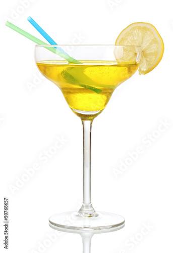 Yellow cocktail in glass isolated on white