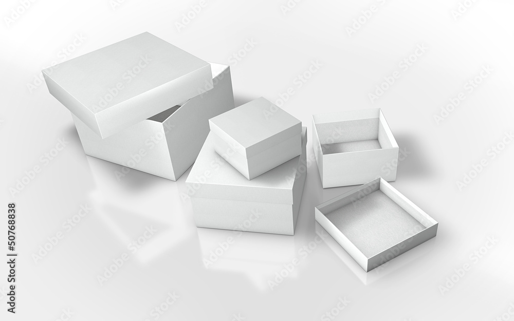 a series of cardboard boxes white, on a white background a series of cardboard boxes white, on a white background