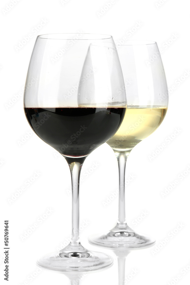 Two glasses of  red and white wine, isolated on white