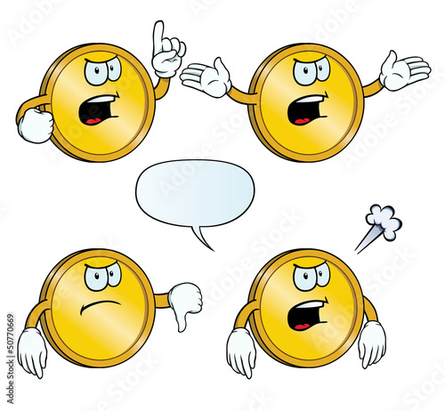 Collection of angry golden coins with various gestures.