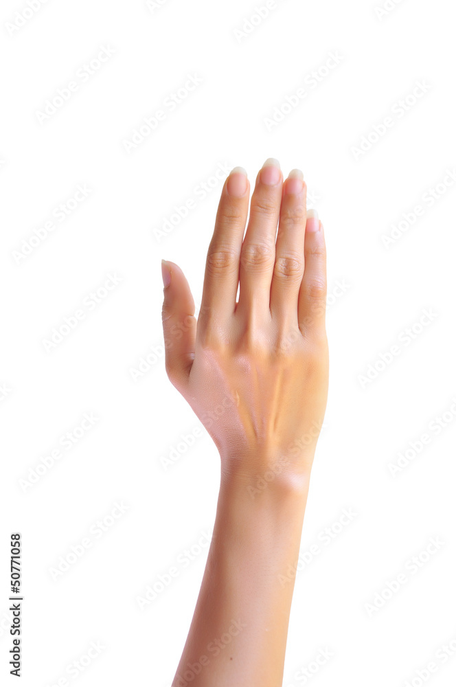 Fototapeta premium Woman hand raised up. Isolated on white background.