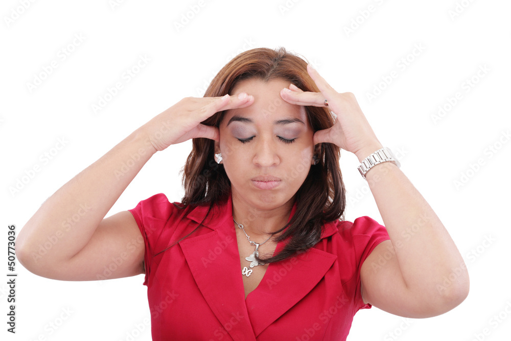 A young woman with a headache holding head, isolated on white ba A young woman with a headache holding head, isolated on white ba