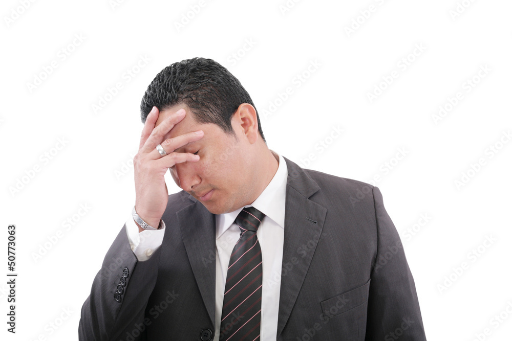 Closeup portrait of a pensive worried businessman with eyes clos Closeup portrait of a pensive worried businessman with eyes clos