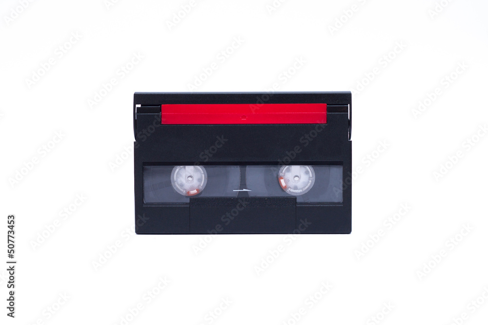 old video camera cassette digital, black with red tape cover old video camera cassette digital, black with red tape cover