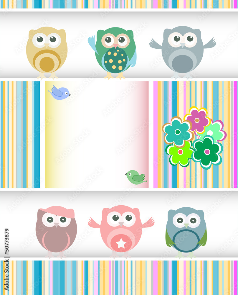 Fototapeta premium sweet owls, flowers, love hearts and cute birds