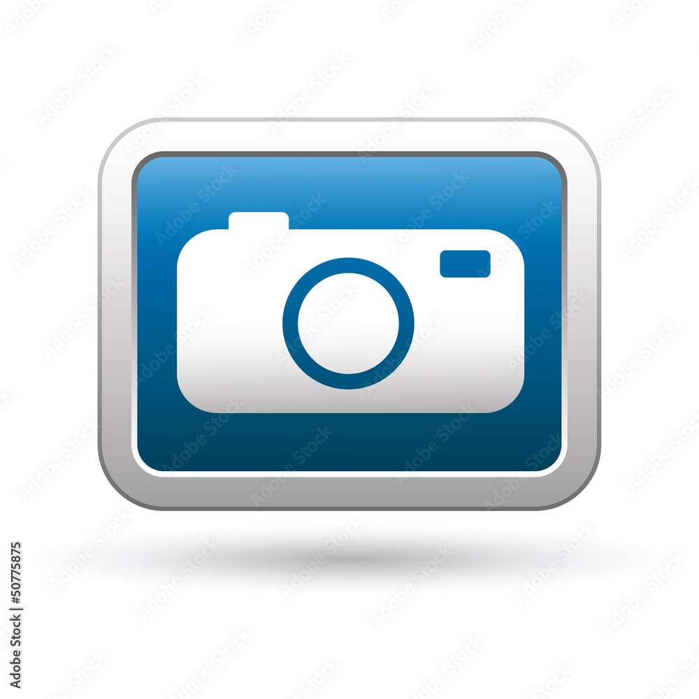 Camera icon on the blue with silver rectangular button. Vector Camera icon on the blue with silver rectangular button. Vector