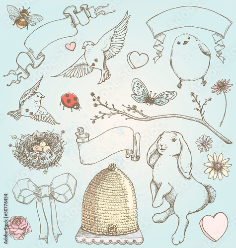 Hand Drawn Vintage Spring Elements Vector Set
