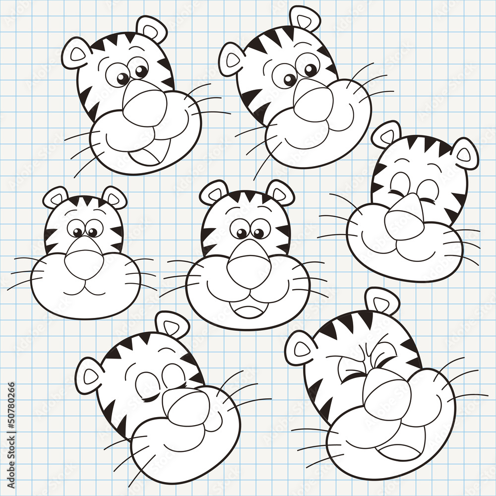 Vector Doodle Cute Tiger Face Collection