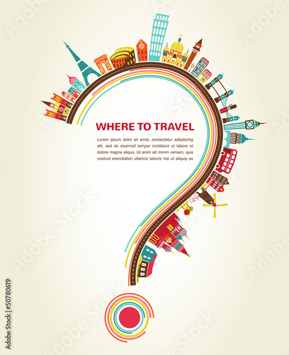 Where to Travel, question mark with tourism icons and elements
