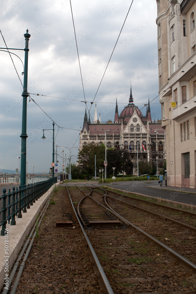 Rails in Budapest near Parliament building