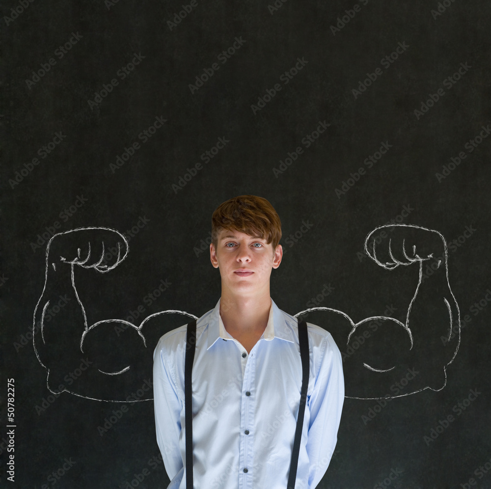 Man with chalk healthy strong arm muscles for success