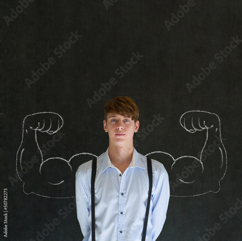 Man with chalk healthy strong arm muscles for success