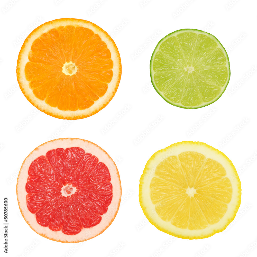 Cross sections of different citrus fruits (isolated)