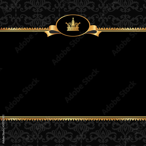 Vintage black damask background with frame of golden elements an