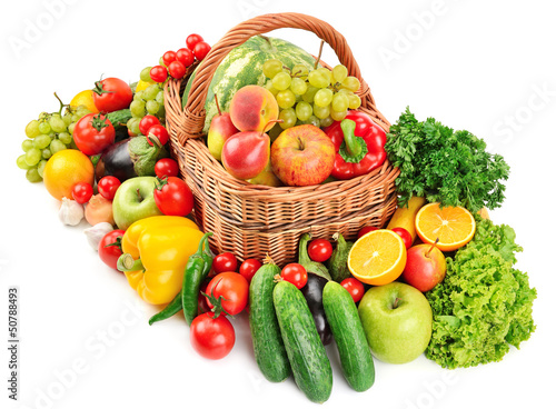 fruit and vegetable in basket isolated on white