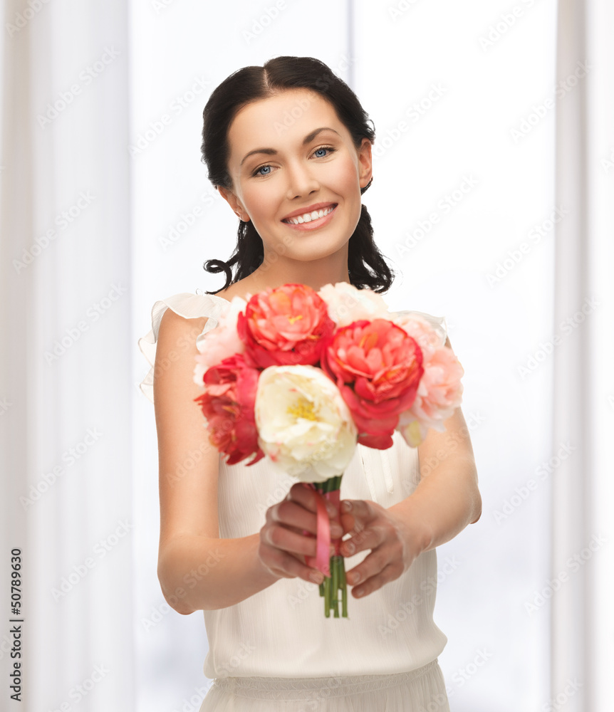 woman with bouquet of flowers woman with bouquet of flowers