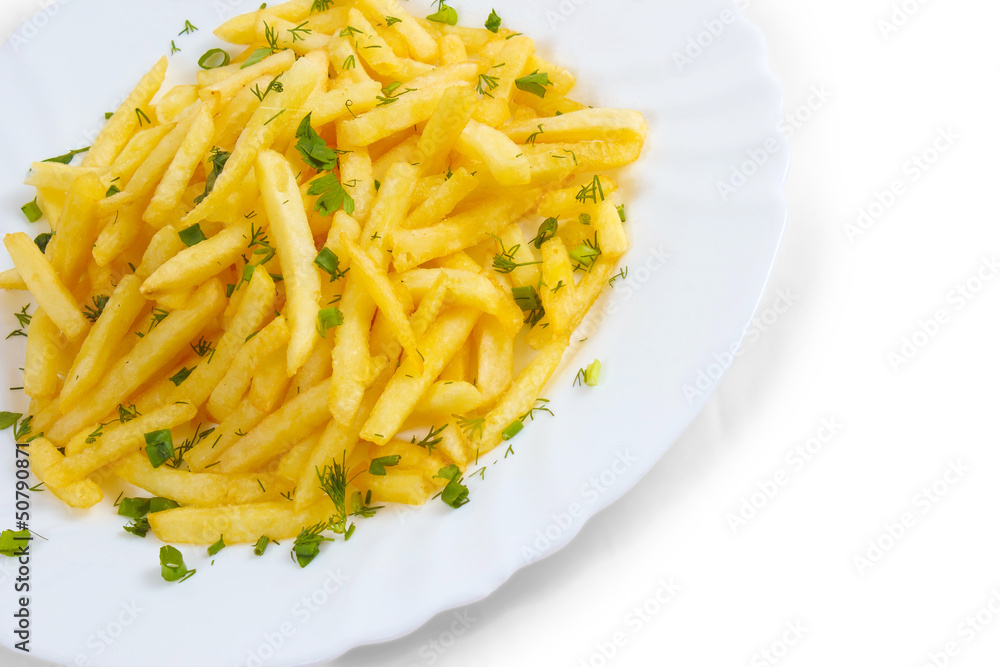 potatoes fries and plate dill isolated on white background potatoes fries and plate dill isolated on white background