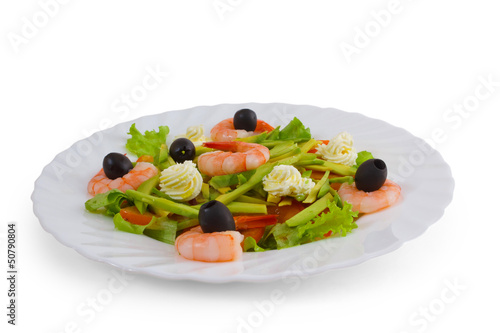 dish meal shrimp salad olives isolated on a white background