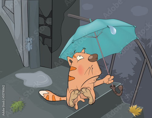 Cat and an autumn rain. Cartoon