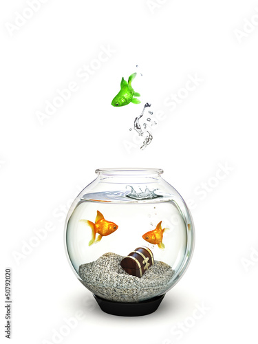 Different, green fish jumping from an ordianry goldfish bowl