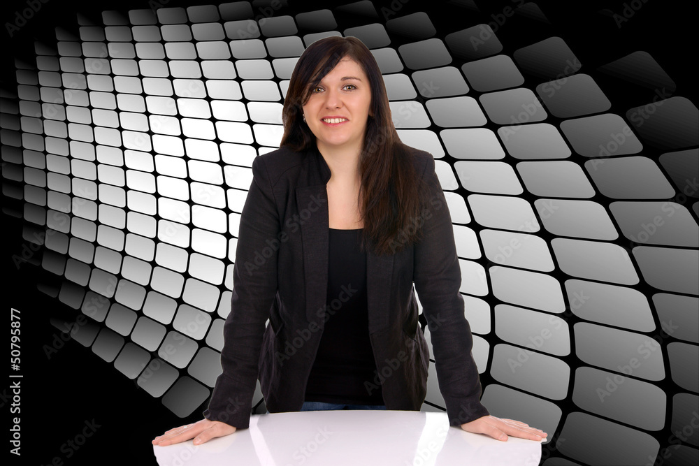 Fototapeta premium Business woman based on a table with grid background