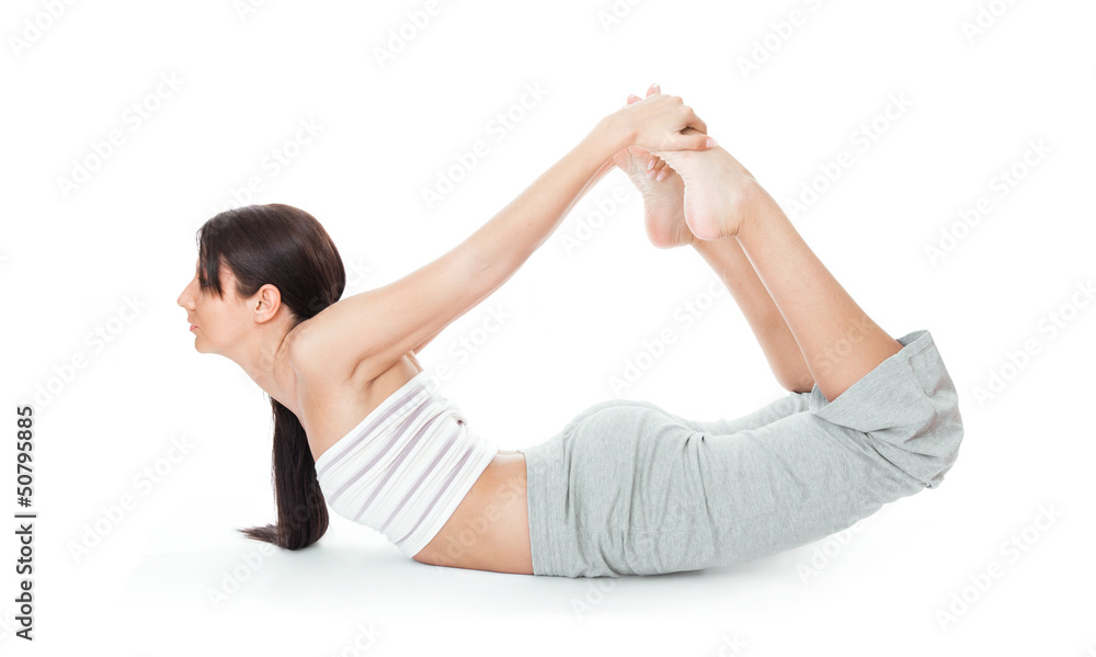 Attractive healthy young woman stretching gym, isolated on white Attractive healthy young woman stretching gym, isolated on white