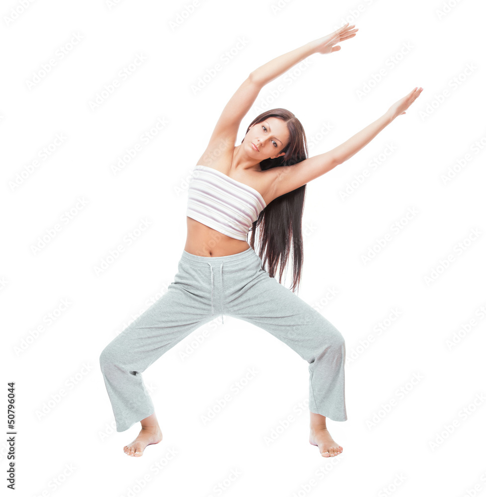 Attractive healthy young woman stretching gym, isolated on white
