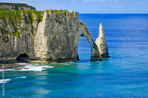 Etretat Aval cliff and rocks landmark. Normandy, France.