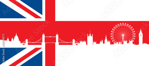 Fotografia British flag  with very detailed  silhouette London skyline