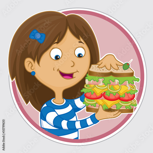 Hungry girl eating a huge sandwich for lunch
