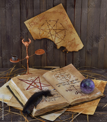 Magic book with ball and pentacle on the wall photo