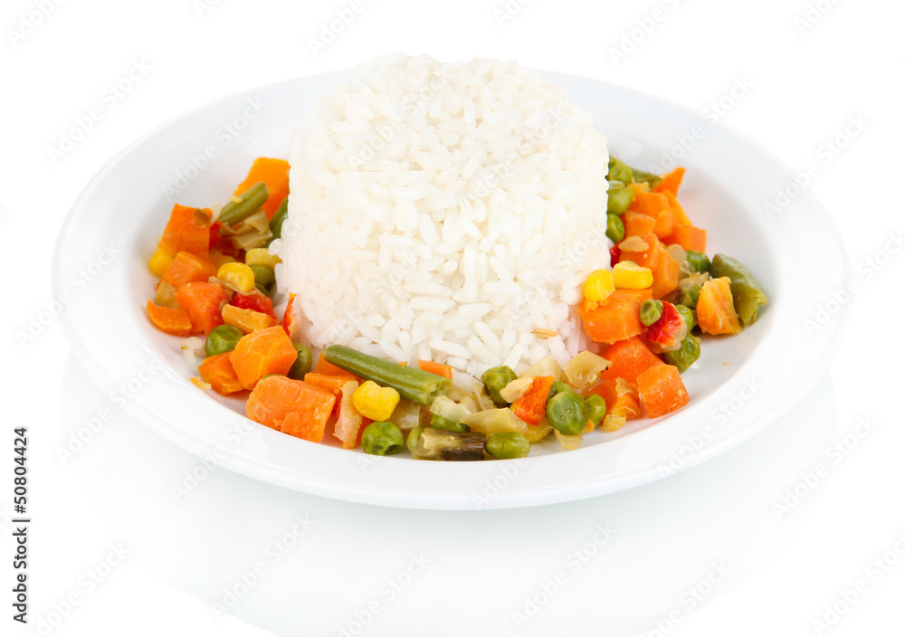 Delicious risotto with vegetables isolated on white