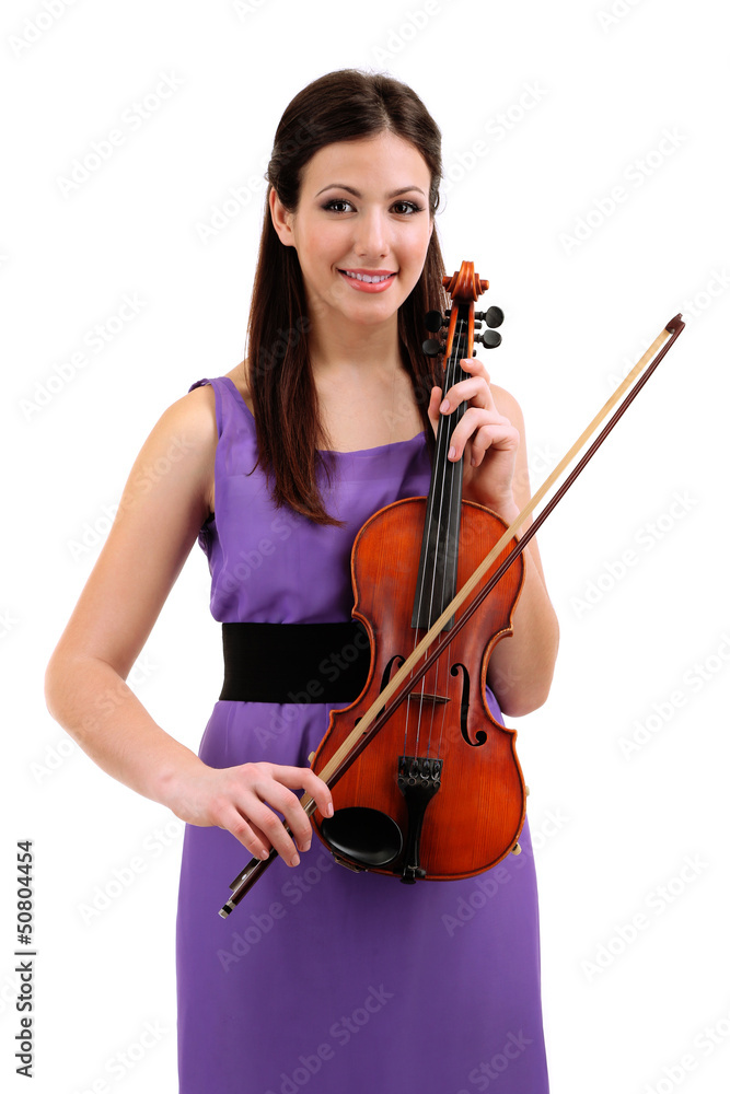 Beautiful young girl with violin, isolated on white Beautiful young girl with violin, isolated on white