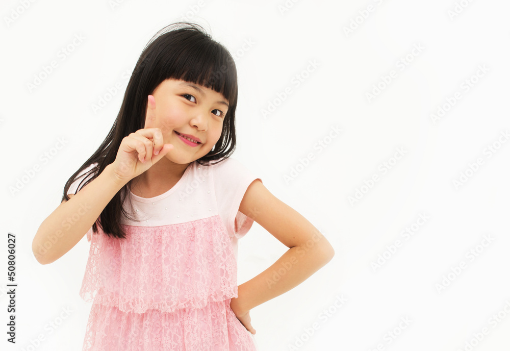 Smiling Excited Young Girl Number 1 Hand Gesture Smiling Excited Young Girl Number 1 Hand Gesture