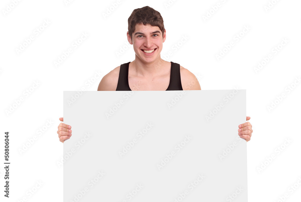 Happy man holding an empty billboard. Man looking at the camera. Happy man holding an empty billboard. Man looking at the camera.