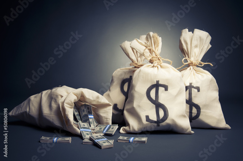 Bags full of money on a dark background photo