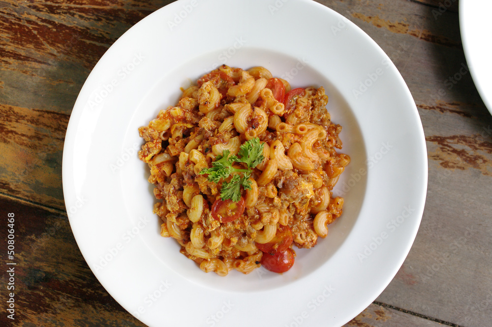 Macaroni with tomato, Italian menu Macaroni with tomato, Italian menu