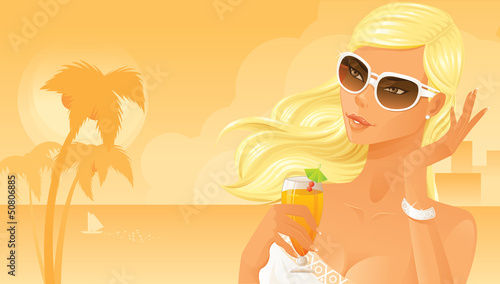 Beautiful woman drinking cocktail on beach