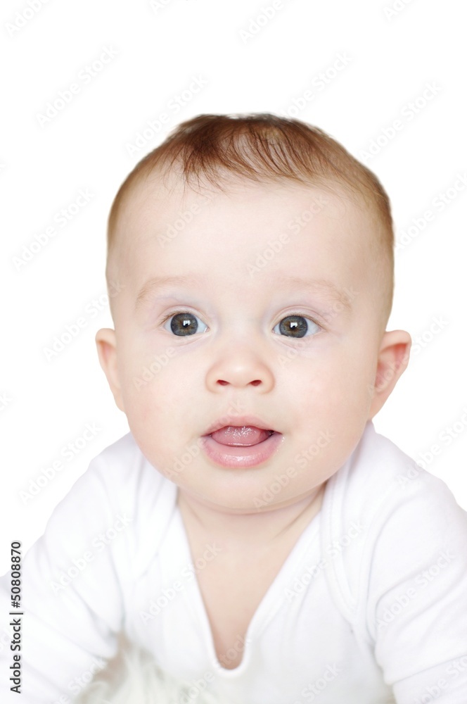 Portrait of the nice six-months baby on white background