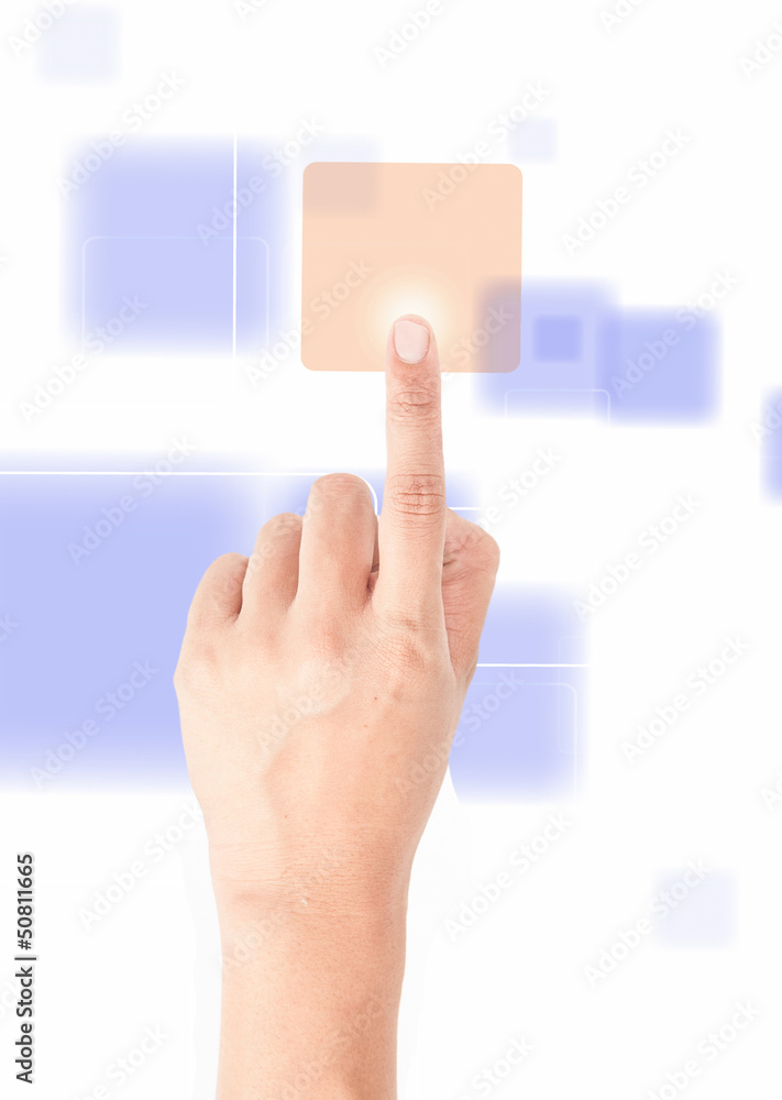 Male hand pressing button isolated on white background Male hand pressing button isolated on white background