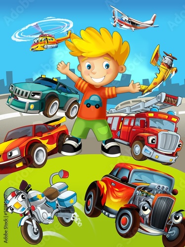 The vehicles - the label with kid - illustration