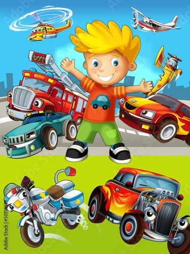 The vehicles - the label with kid - illustration