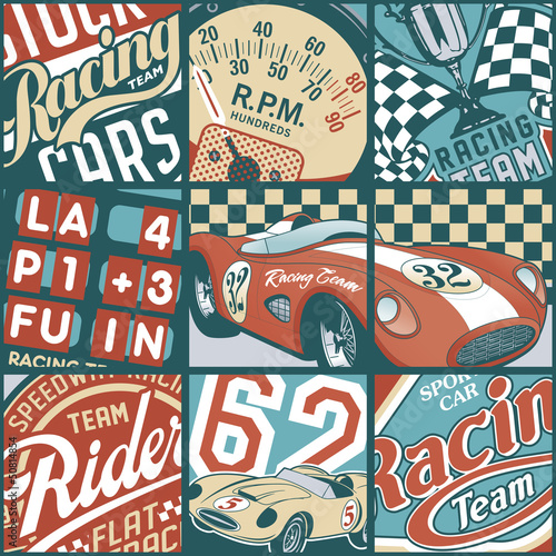 Vintage racing cars patchwork vector wallpaper