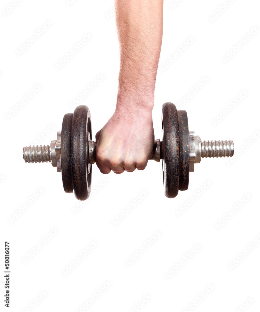close up of man holding weight isolated on white background close up of man holding weight isolated on white background
