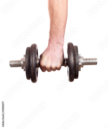 close up of man holding weight isolated on white background