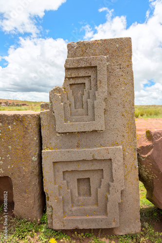 Megalithic stone with intricate carving in Puma Punku